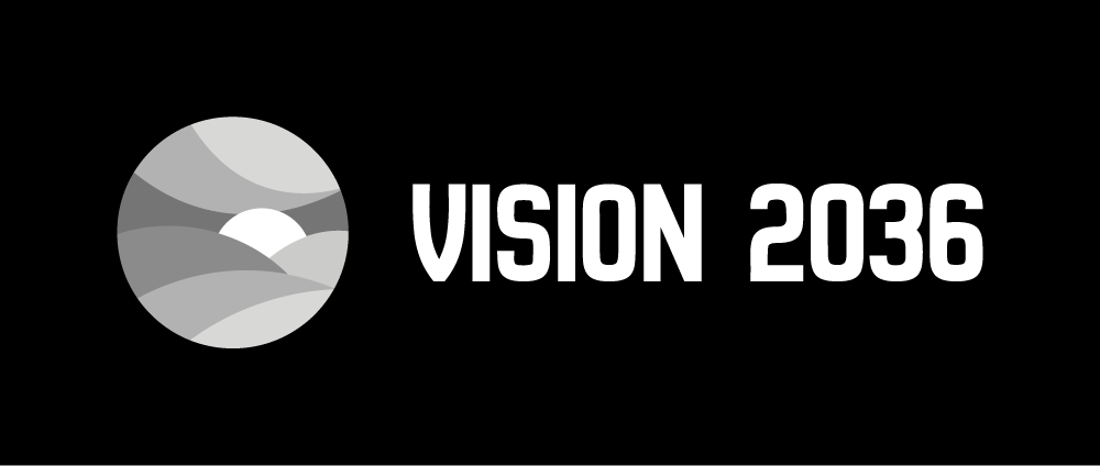 Vision 2036 black and white logo on black
