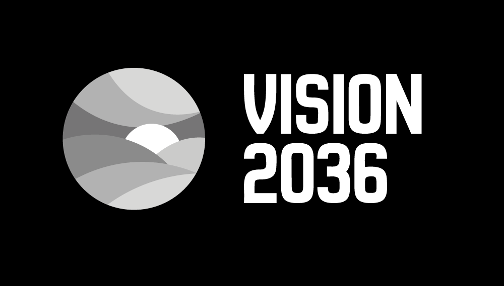 Vision 2036 black and white stacked logo on black